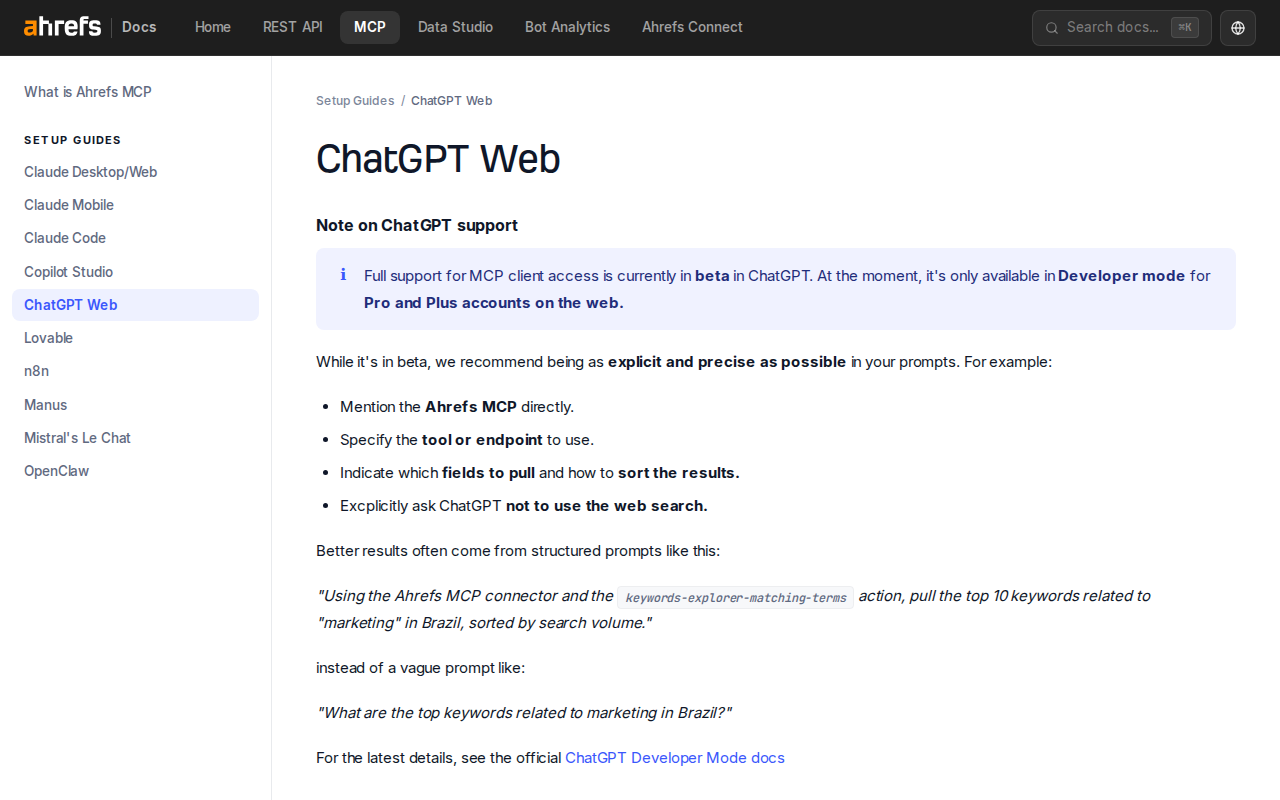 Ahrefs MCP setup guide for ChatGPT — Developer Mode configuration