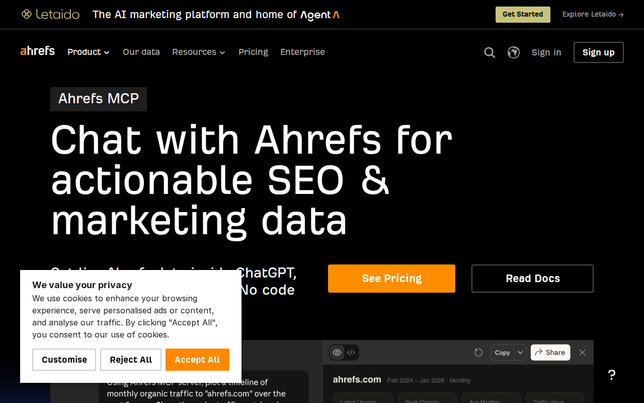 Ahrefs MCP product page — connect SEO data to ChatGPT, Claude, and other AI tools