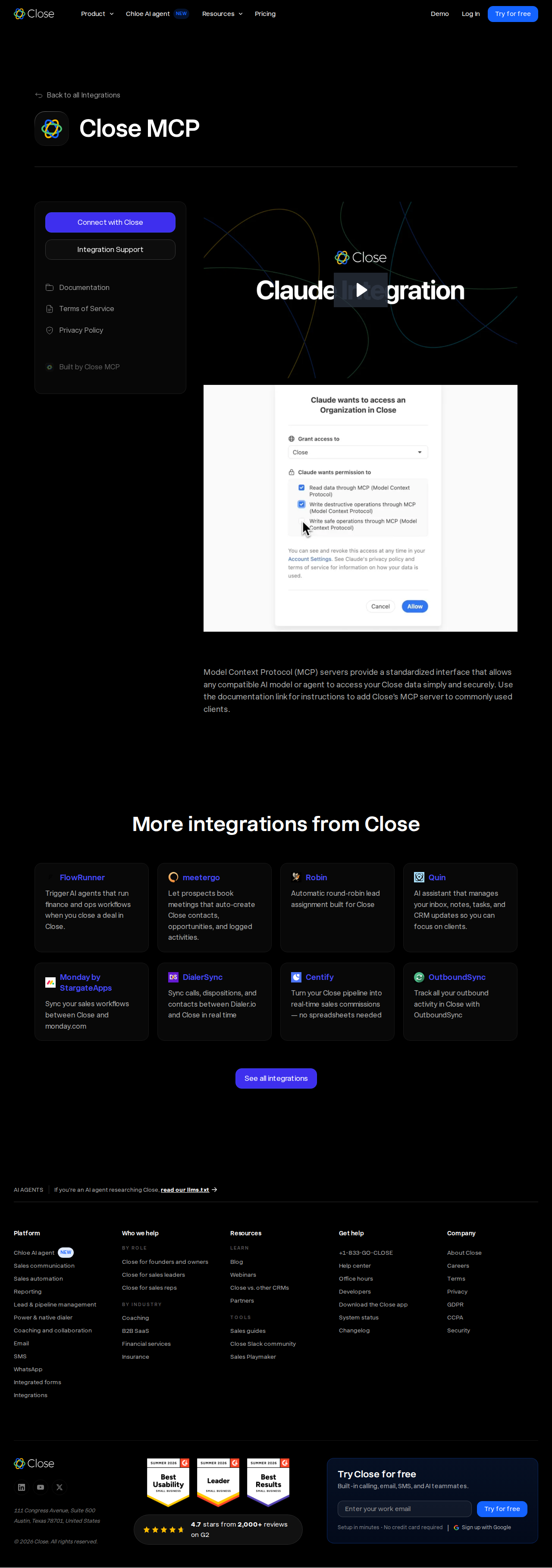 Close MCP integration page — AI-driven CRM access