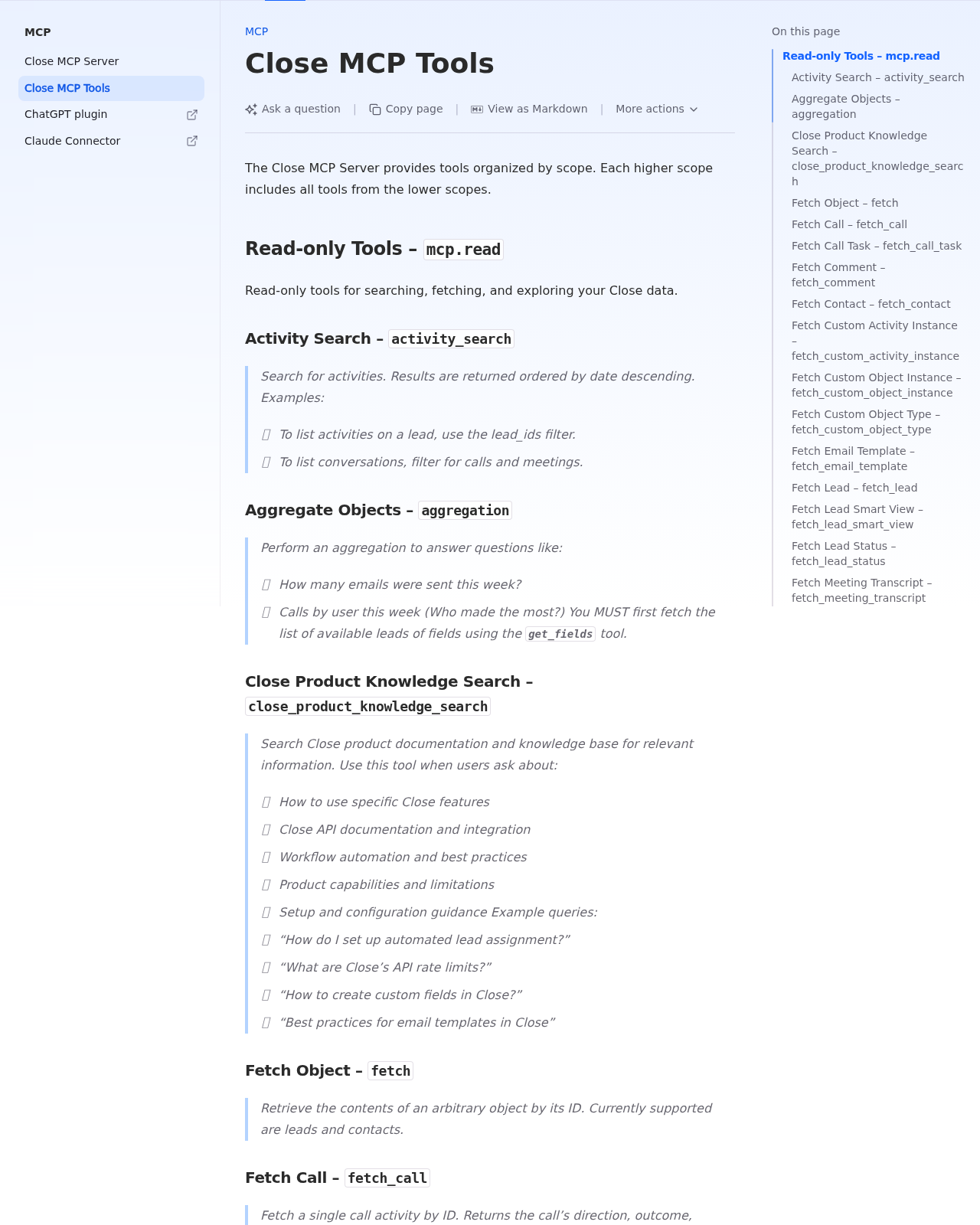 Close MCP tools reference — read-only tools by scope