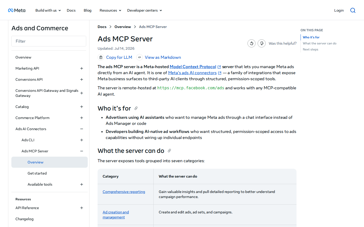 Meta's official Ads MCP Server documentation — developers.facebook.com, hosted at mcp.facebook.com/ads