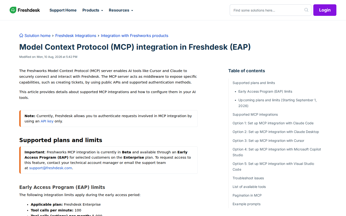 Freshdesk's official MCP integration guide (EAP) — note the API-key-only auth callout and the Beta/Enterprise-only gating