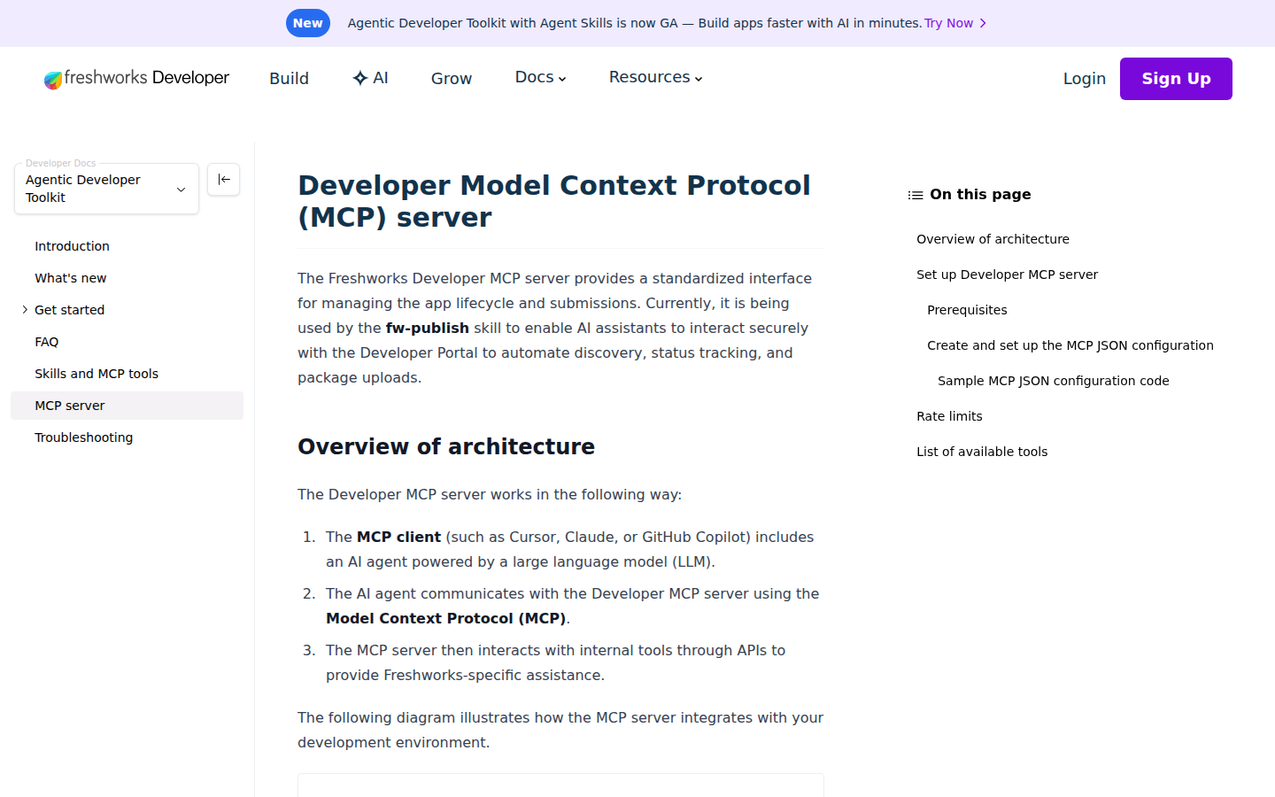 Freshworks' Developer MCP server docs — a separate server (mcp.freshworks.dev) for Custom App lifecycle, not support data; easy to confuse with the Freshdesk MCP server