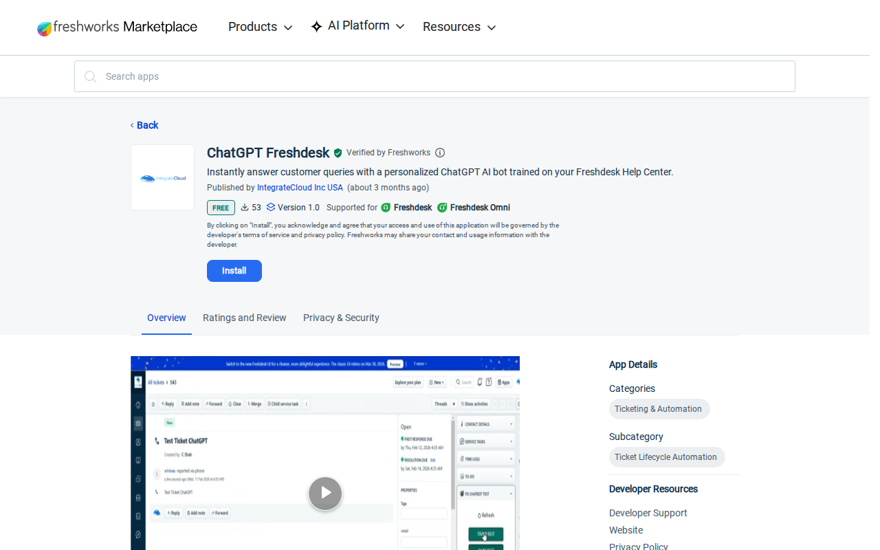 Freshdesk ChatGPT marketplace app