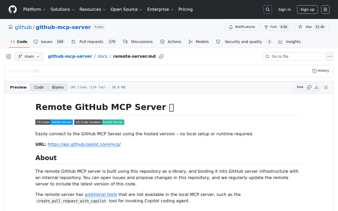 GitHub MCP Server toolsets documentation — modular toolset URLs with read-only variants