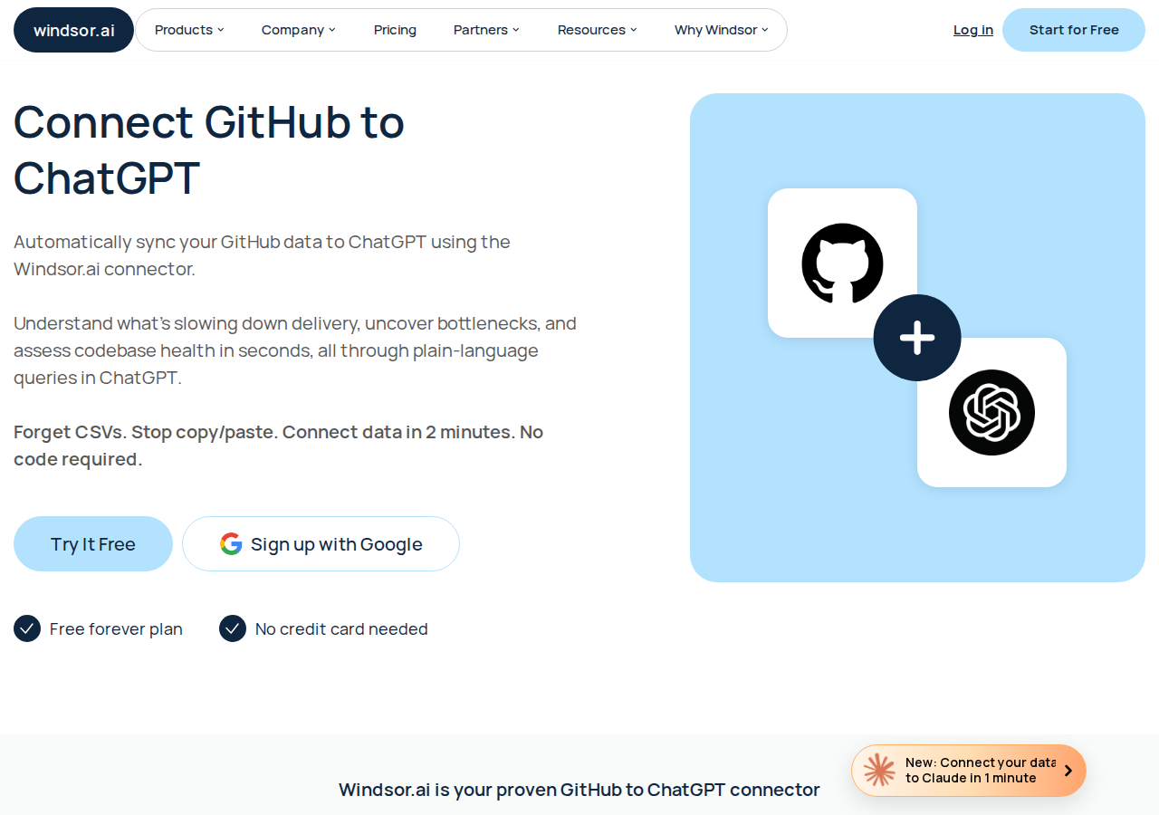 Windsor.ai GitHub-to-ChatGPT connector landing page