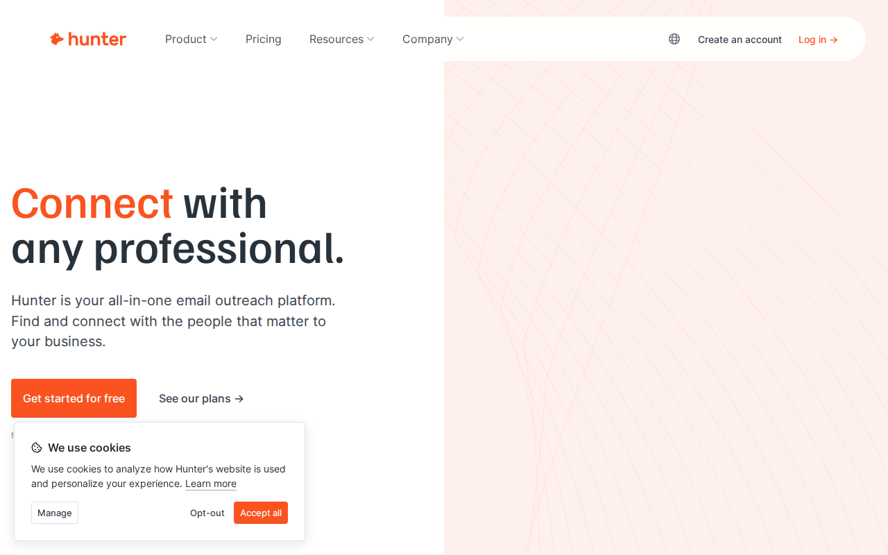 Hunter.io homepage — email finder and verification platform