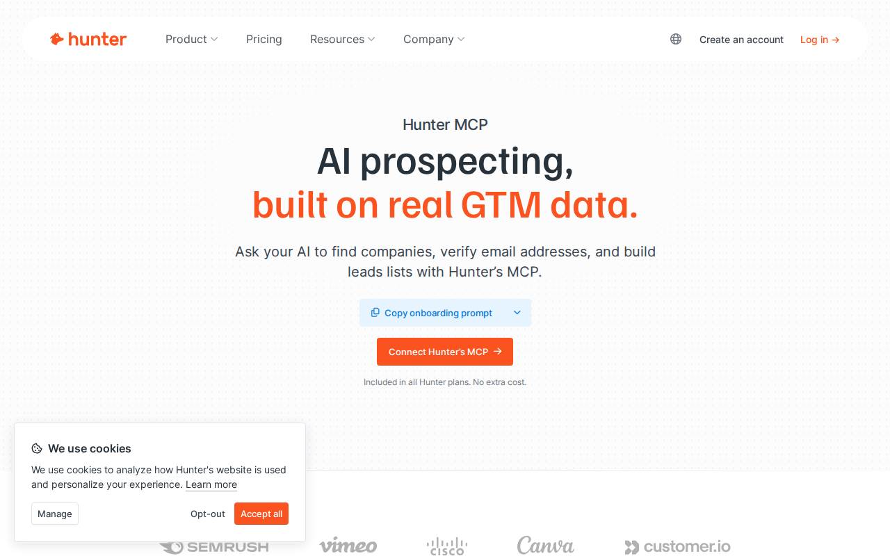 Hunter MCP page — AI prospecting built on real GTM data
