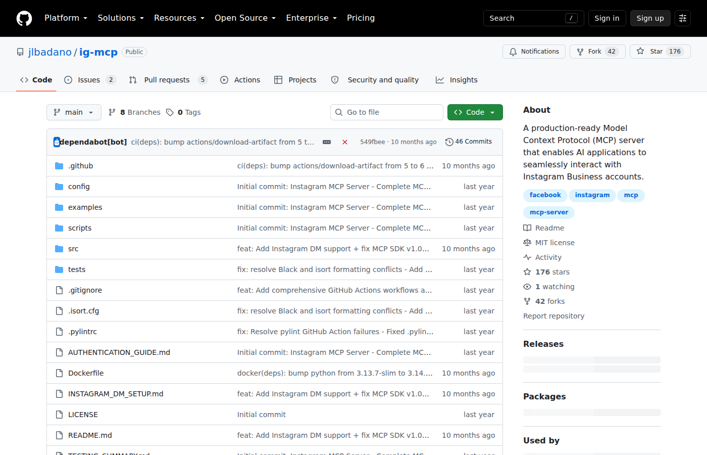 jlbadano/ig-mcp — the most popular Instagram MCP server, built on the Graph API