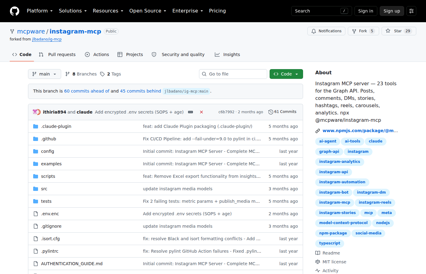 mcpware/instagram-mcp — 23-tool Instagram Graph API server
