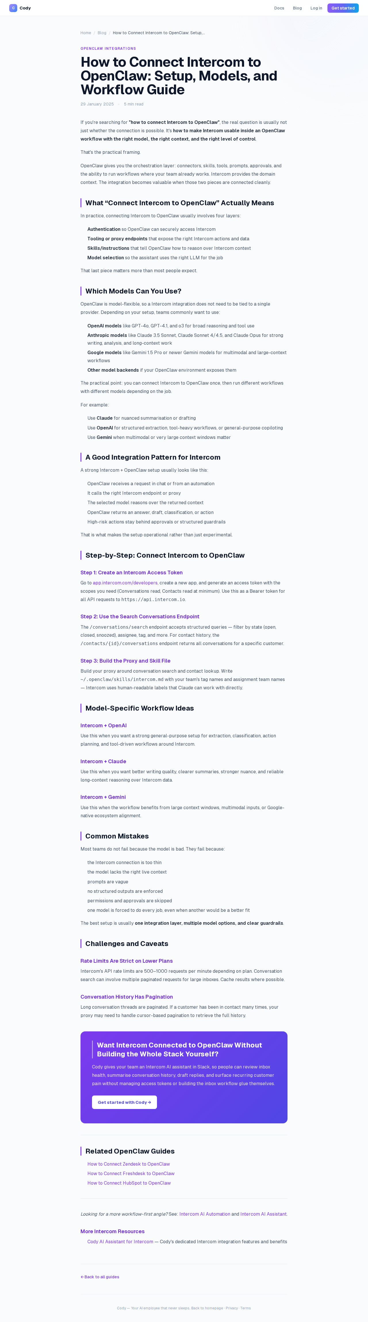Current Intercom + OpenClaw page on heycody.ink — the template before enrichment