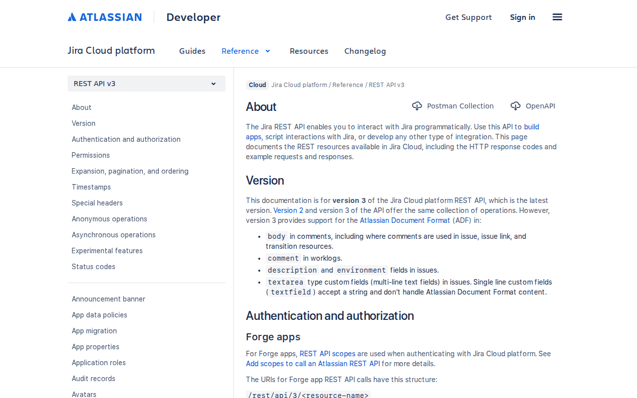 Jira REST API v3 documentation — the official Atlassian developer reference