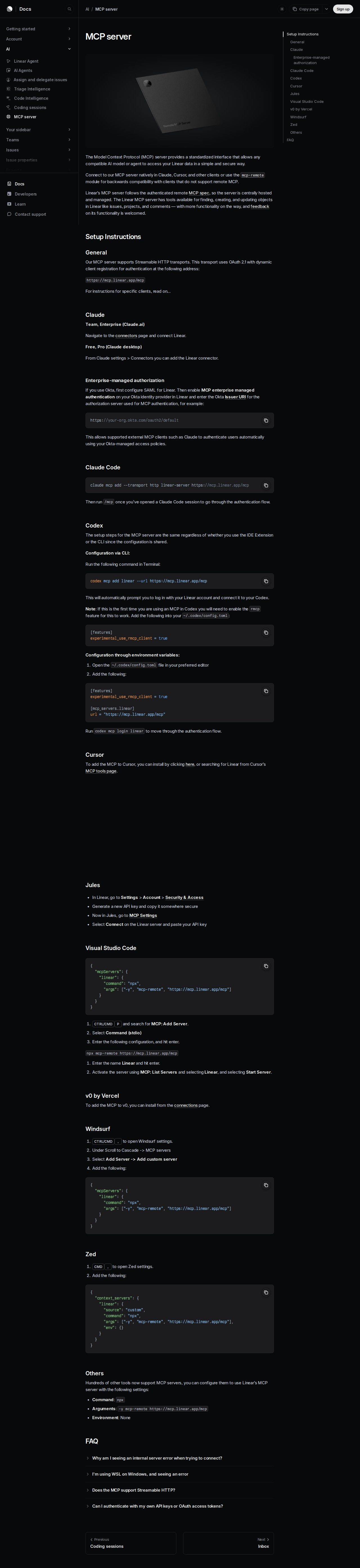 Linear's official MCP server documentation — setup instructions for Claude, Cursor, Codex, and VS Code
