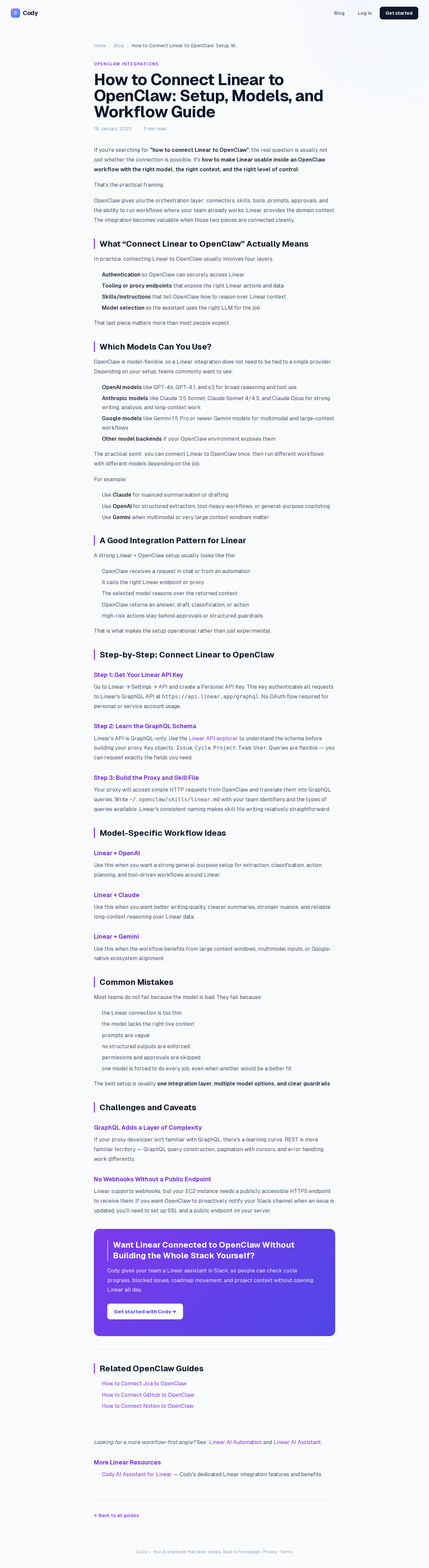 Cody's Linear + OpenClaw integration — managed hosting with Slack access to cycles, issues, and projects