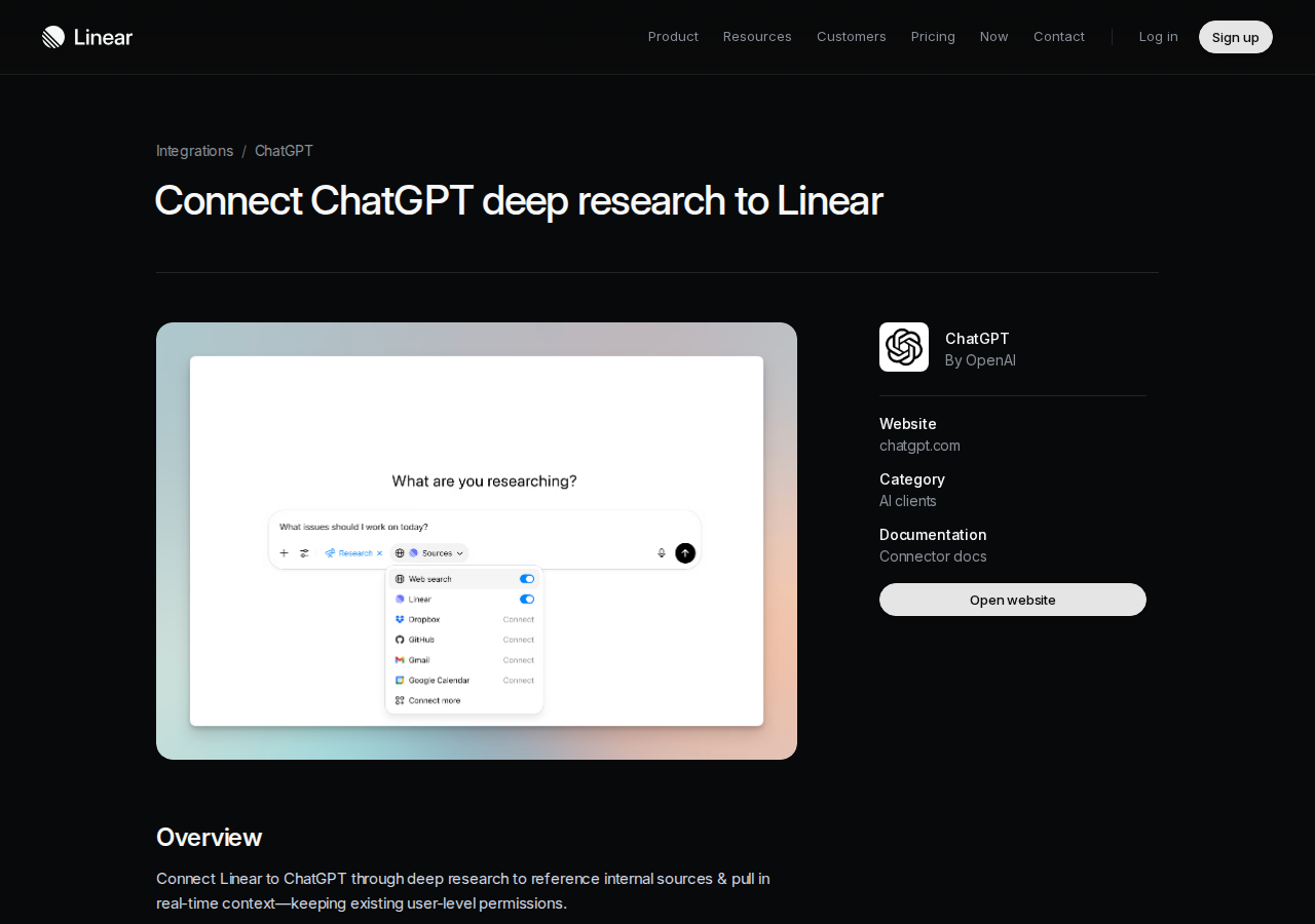 Linear's official ChatGPT connector — connects through Deep Research mode, keeping user-level permissions intact
