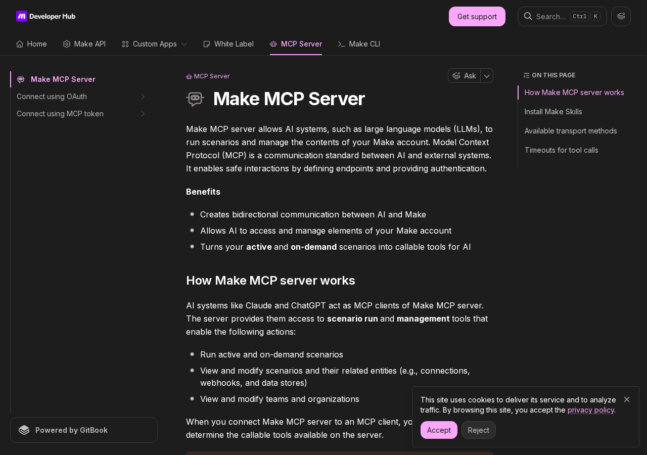 Make's official MCP server documentation — the server turns active and on-demand scenarios into callable tools for AI