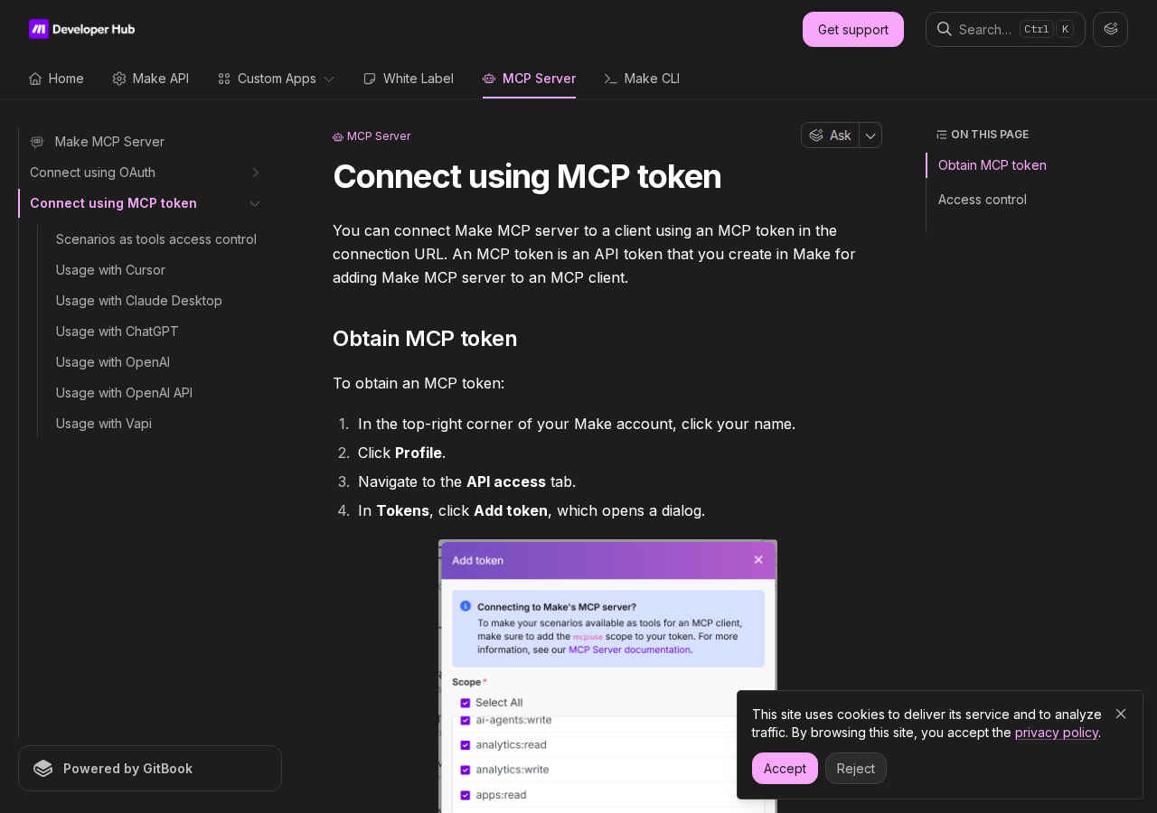 Make's MCP token connection guide — generate a token in your profile and control which scenarios become tools