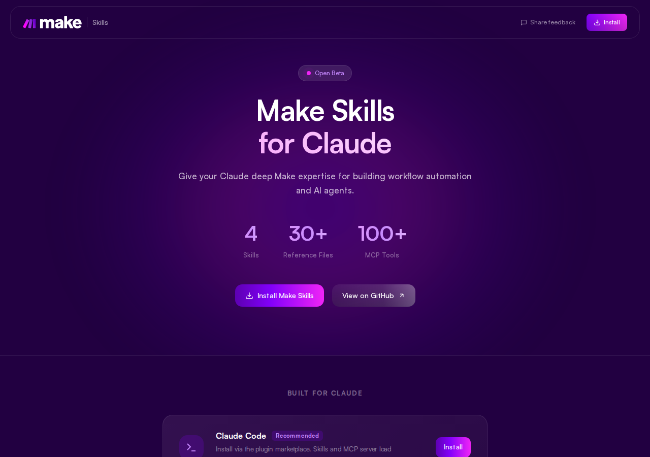 Make Skills — official installable Markdown skills for building and connecting Make scenarios from an AI assistant