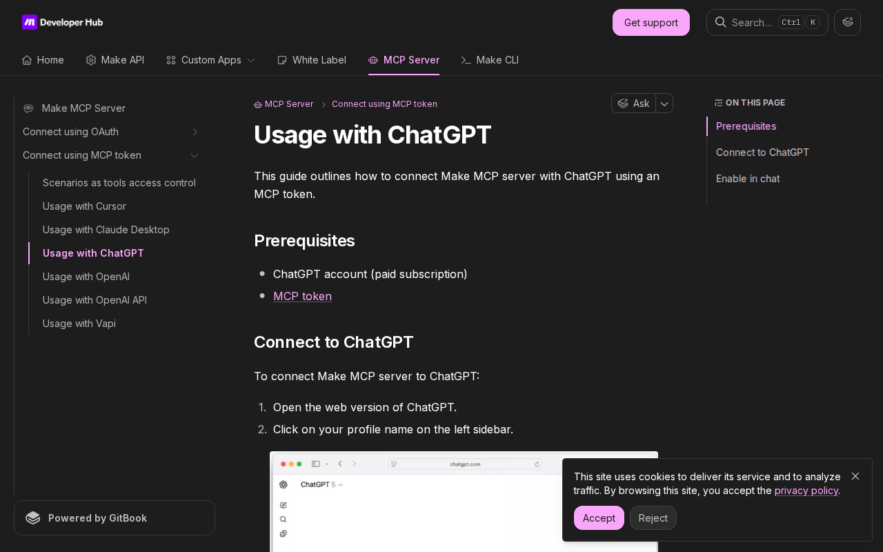 Make MCP server setup for ChatGPT — official Make Developer Hub docs