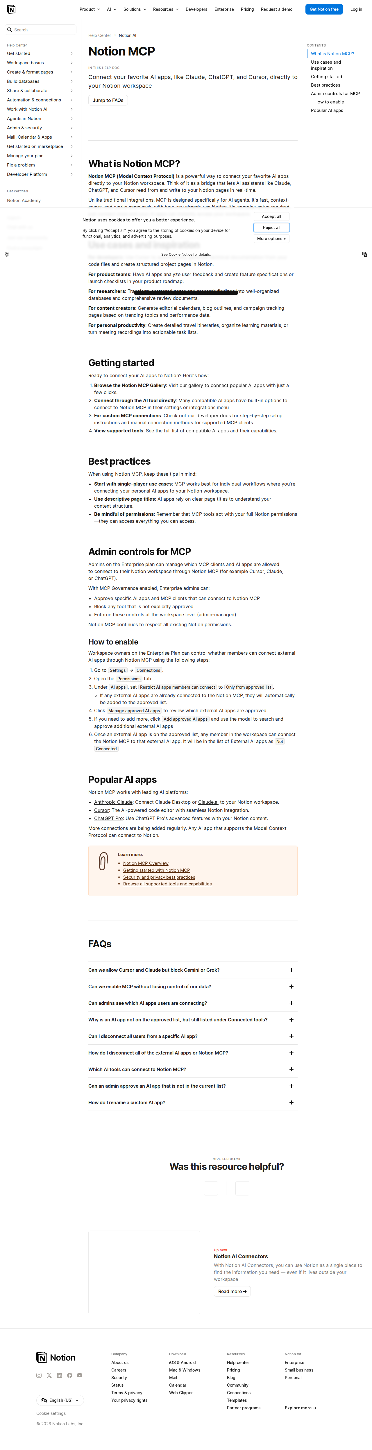 Notion MCP official help center — supports ChatGPT Pro, Claude, and Cursor