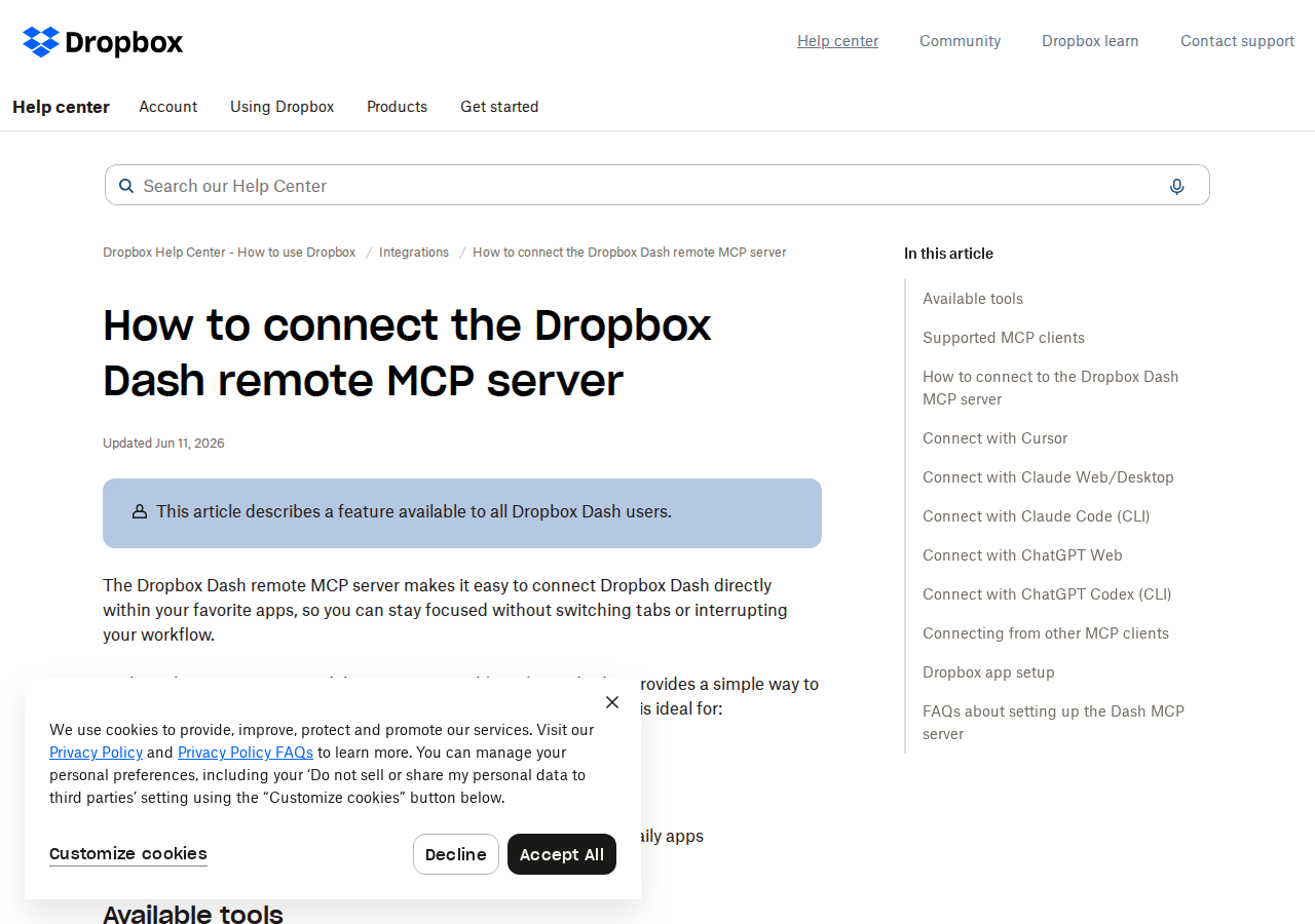 Dropbox Dash remote MCP server — the read-only cross-source search layer