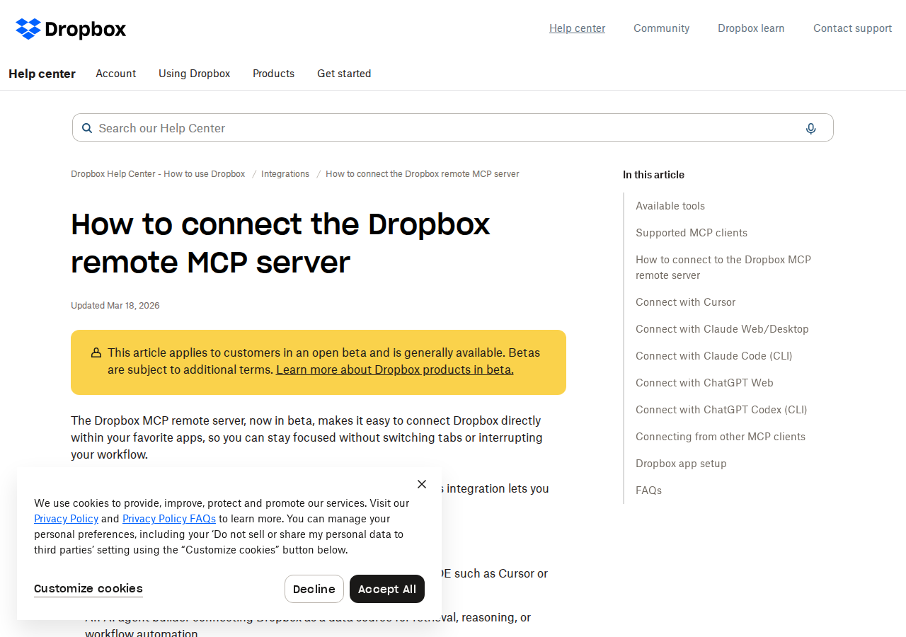 Dropbox's official remote MCP server — the file-centric server at mcp.dropbox.com/mcp