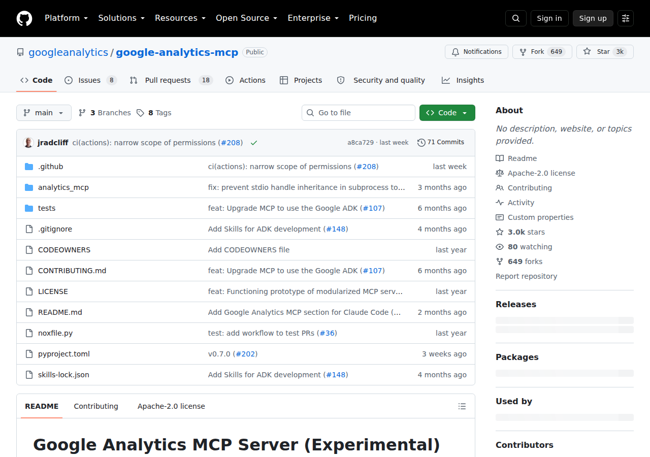 The official googleanalytics/google-analytics-mcp GitHub repository — Google's own GA4 MCP server, Apache 2.0