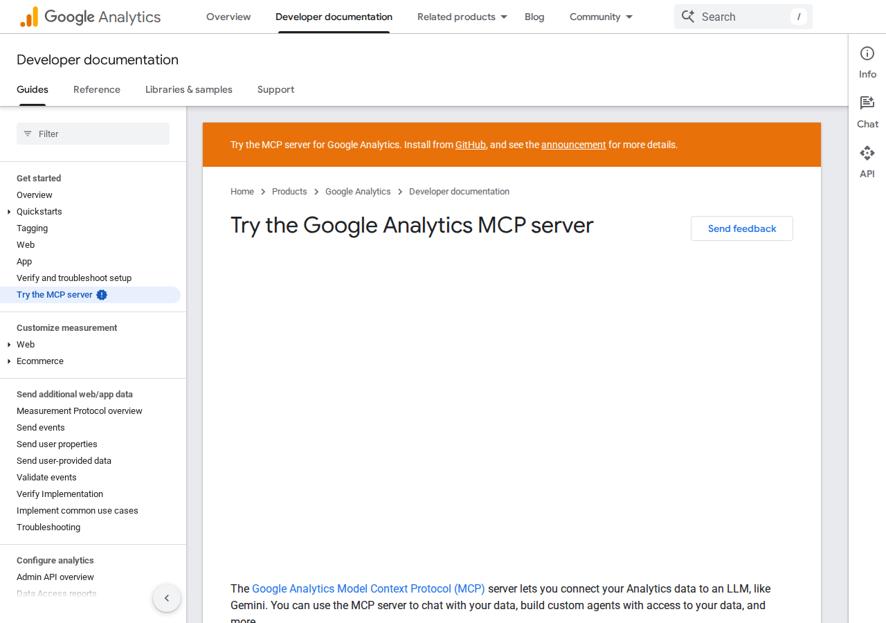 The "Try the Google Analytics MCP server" page on developers.google.com