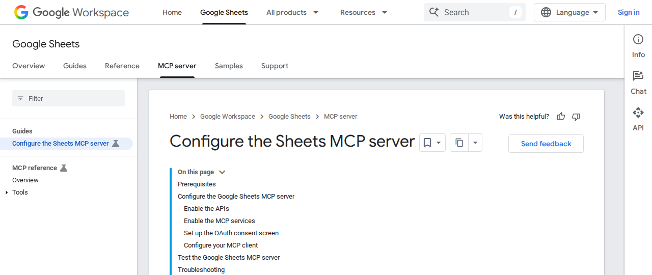 Google Sheets MCP server configuration guide on Google for Developers — official remote MCP server setup