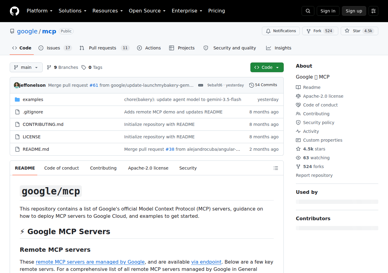 The google/mcp GitHub repository — Google's official open-source MCP servers for Workspace, runnable locally or on Google Cloud