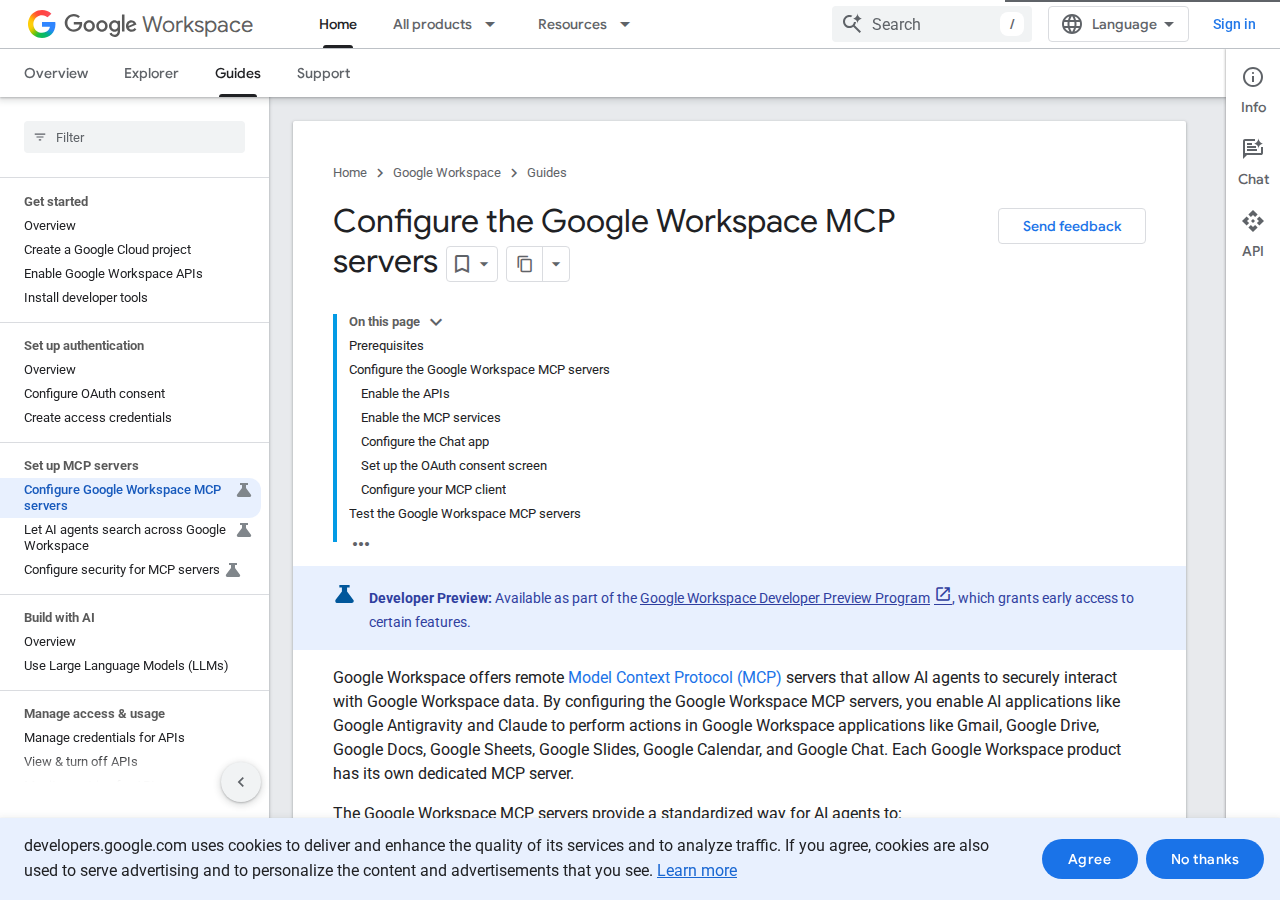 Google Workspace MCP server configuration guide on Google for Developers — official remote MCP servers with a dedicated server per product
