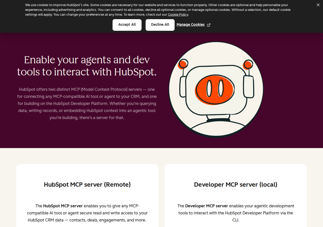 HubSpot's official MCP server overview — the remote CRM MCP server and the local Developer MCP server