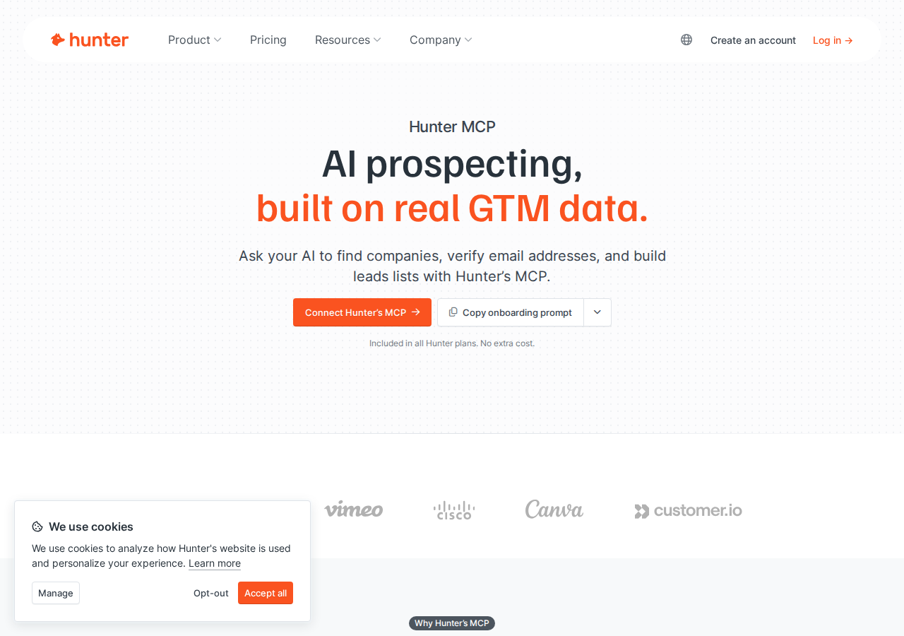 Hunter MCP landing page — "AI prospecting, built on real GTM data" and the Connect Hunter's MCP setup flow