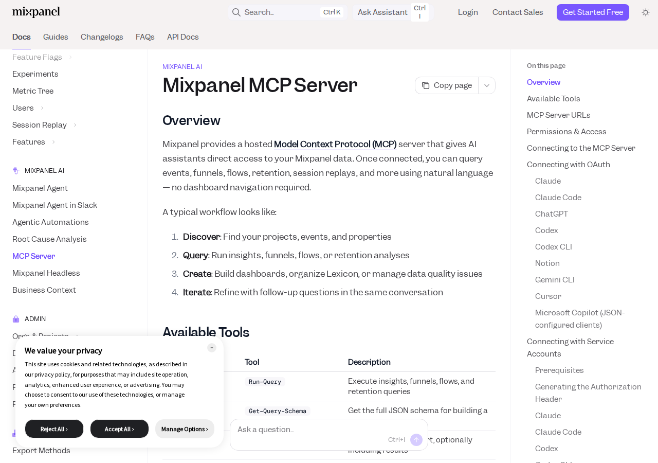 Mixpanel MCP Server docs — the official hosted MCP server overview and tool list