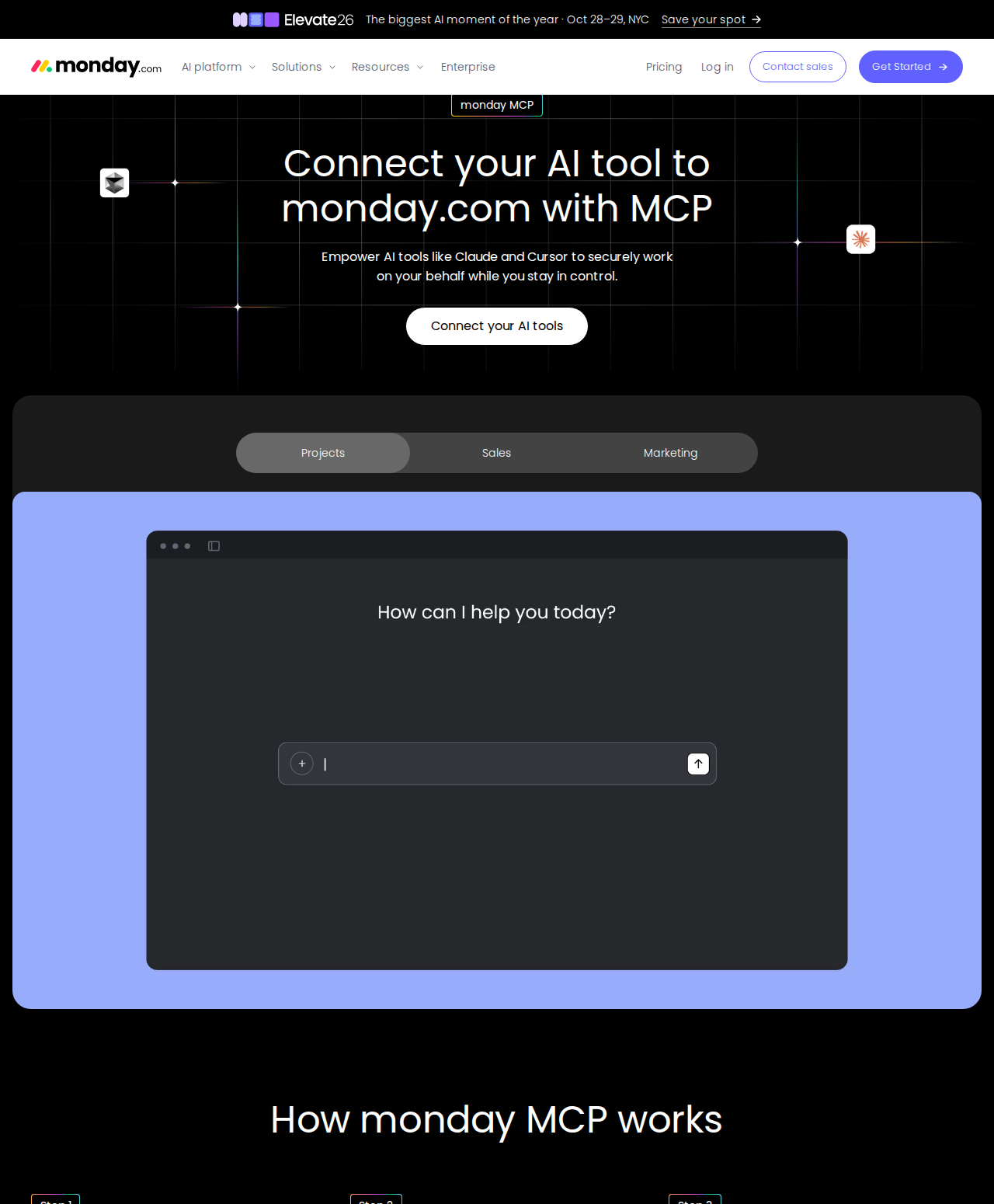 monday MCP marketing page — Connect your AI tool to monday.com with MCP