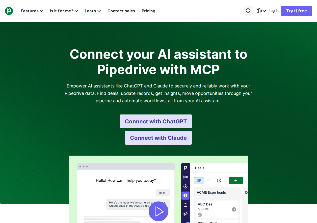 Pipedrive MCP server feature page — "Connect your AI assistant to Pipedrive with MCP", with Connect with ChatGPT / Connect with Claude buttons and a chat-plus-deals-pipeline mockup