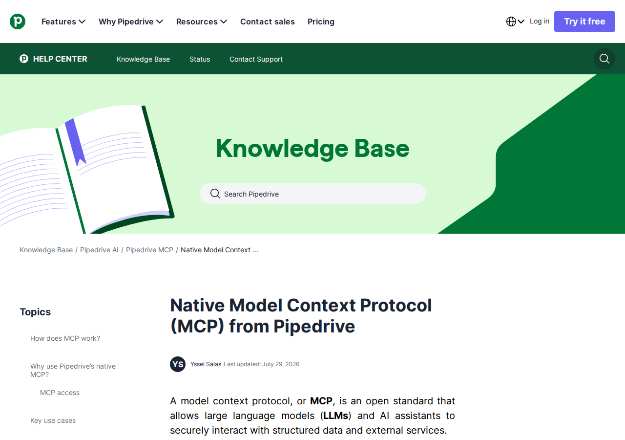 Pipedrive MCP knowledge base article — "Native Model Context Protocol (MCP) from Pipedrive" with the "How does MCP work?" and setup-guide sections