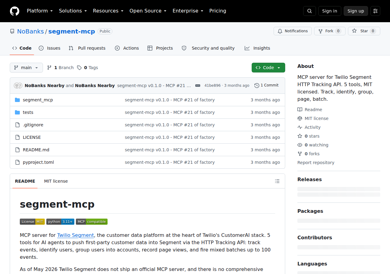NoBanks/segment-mcp GitHub repository — a community MCP server for the Segment Tracking API
