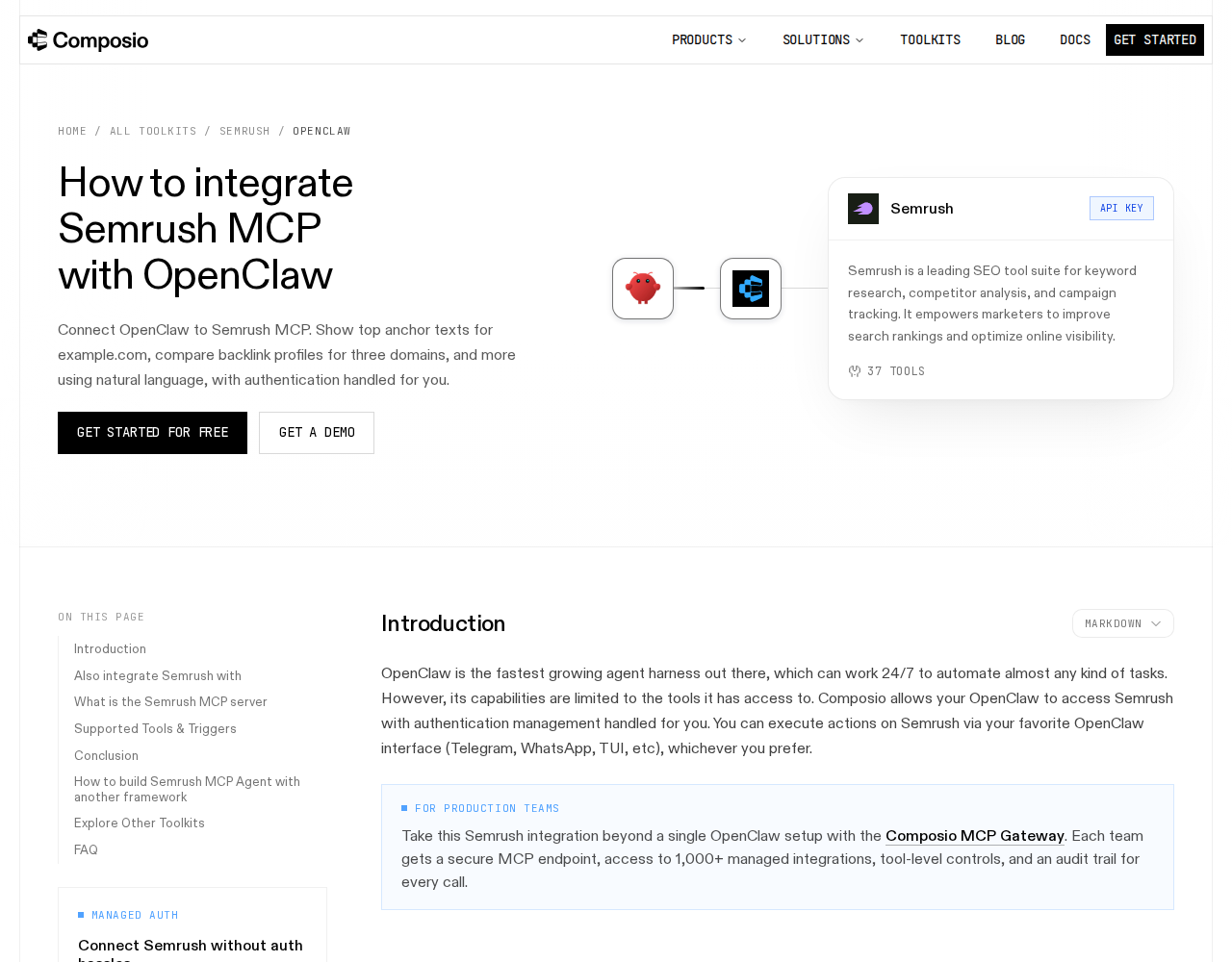 Composio SEMrush toolkit for OpenClaw — managed auth, 37 tools, and setup content