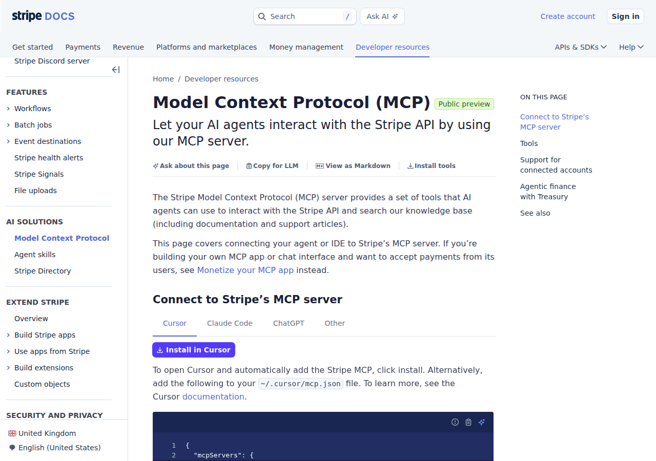 Stripe's official MCP server documentation — "Model Context Protocol (MCP)" public preview, "Connect to Stripe's MCP server" with Cursor / Claude Code / ChatGPT setup tabs