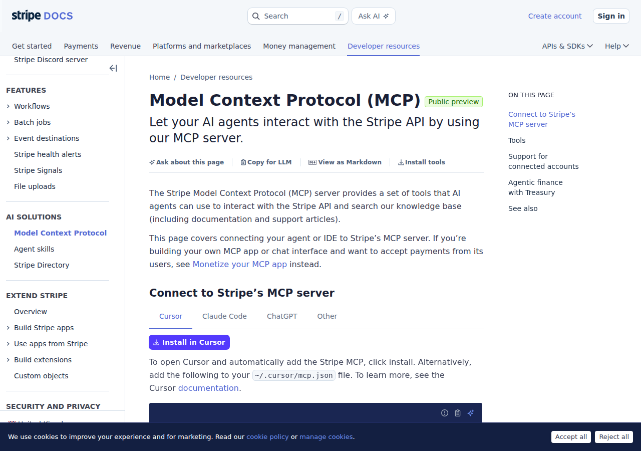 Stripe MCP setup — "Connect to Stripe's MCP server" section with the Install in Cursor button, manual config steps, and the sidebar showing Tools, Support for connected accounts, and Agentic finance with Treasury