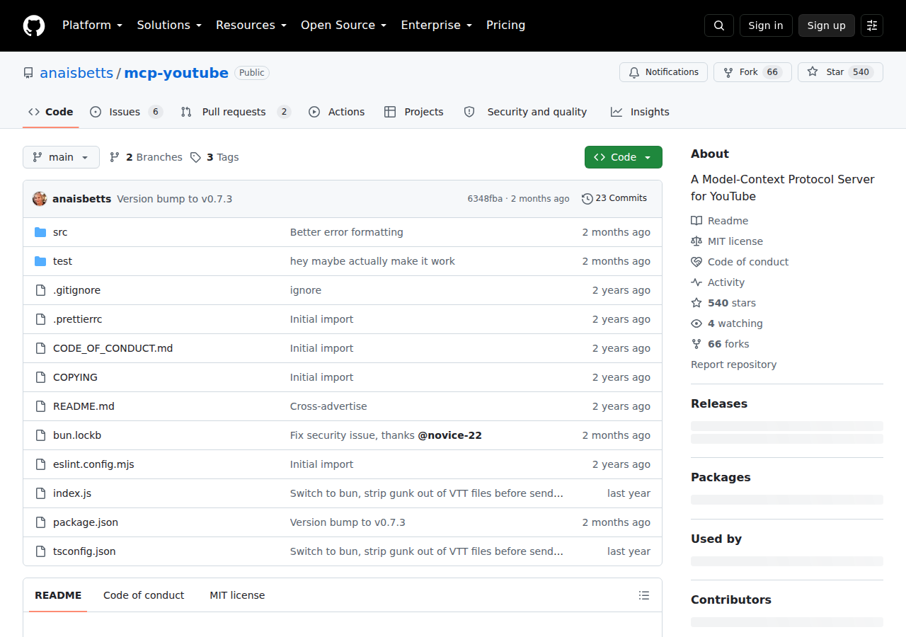 anaisbetts/mcp-youtube GitHub repository — the most popular community YouTube MCP server, transcript-focused