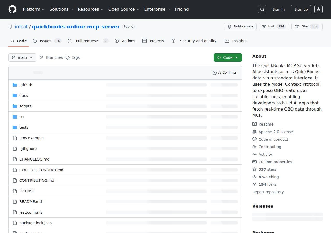 Intuit's official QuickBooks MCP server repository on GitHub