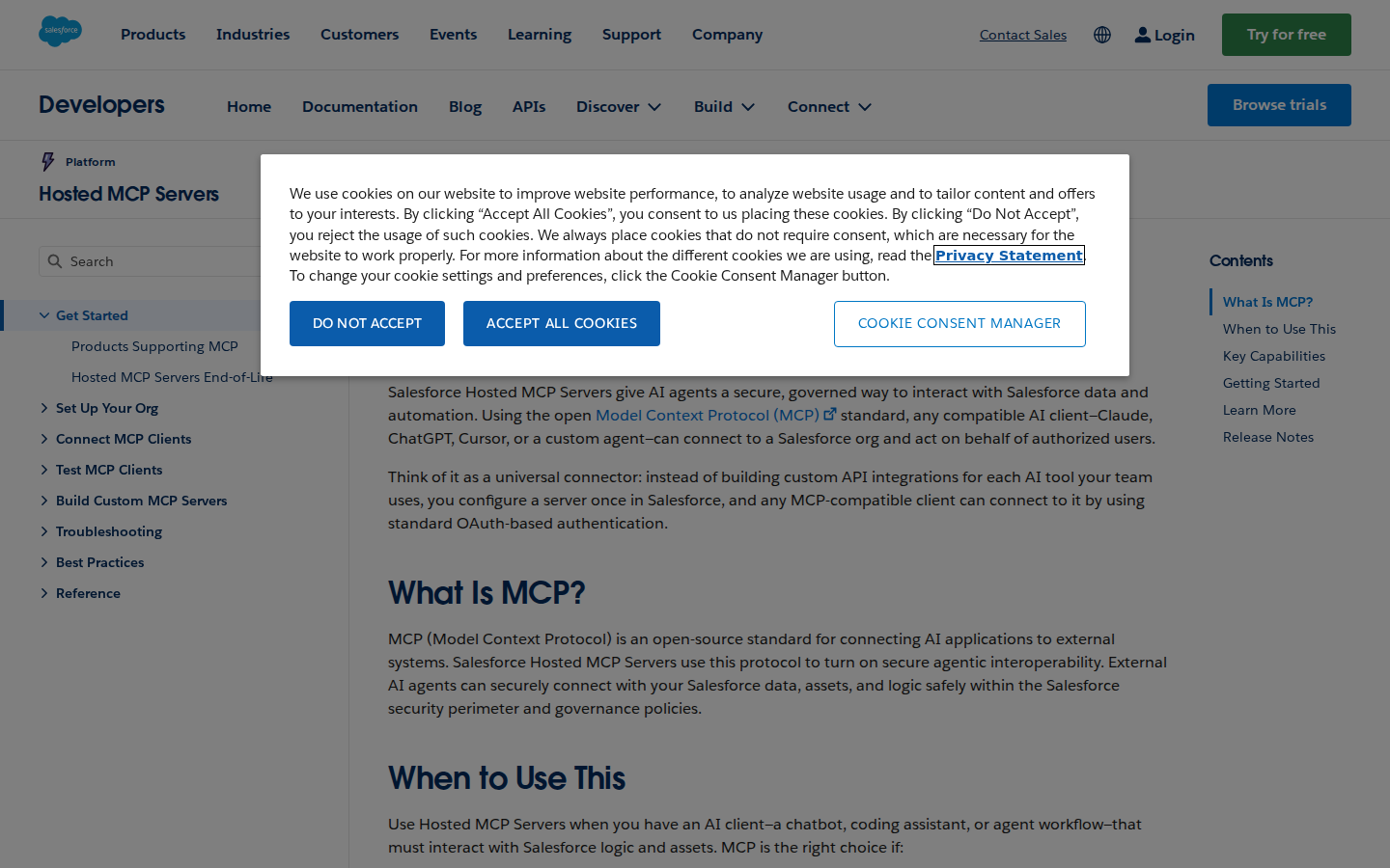 Salesforce hosted MCP setup documentation — External Client Apps and access token configuration