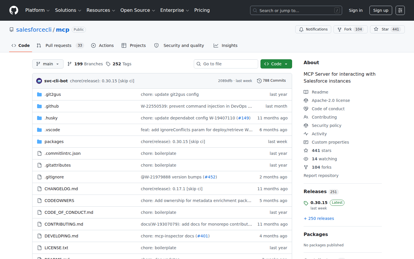 Salesforce MCP server GitHub repository — package @salesforce/mcp showing configuration examples