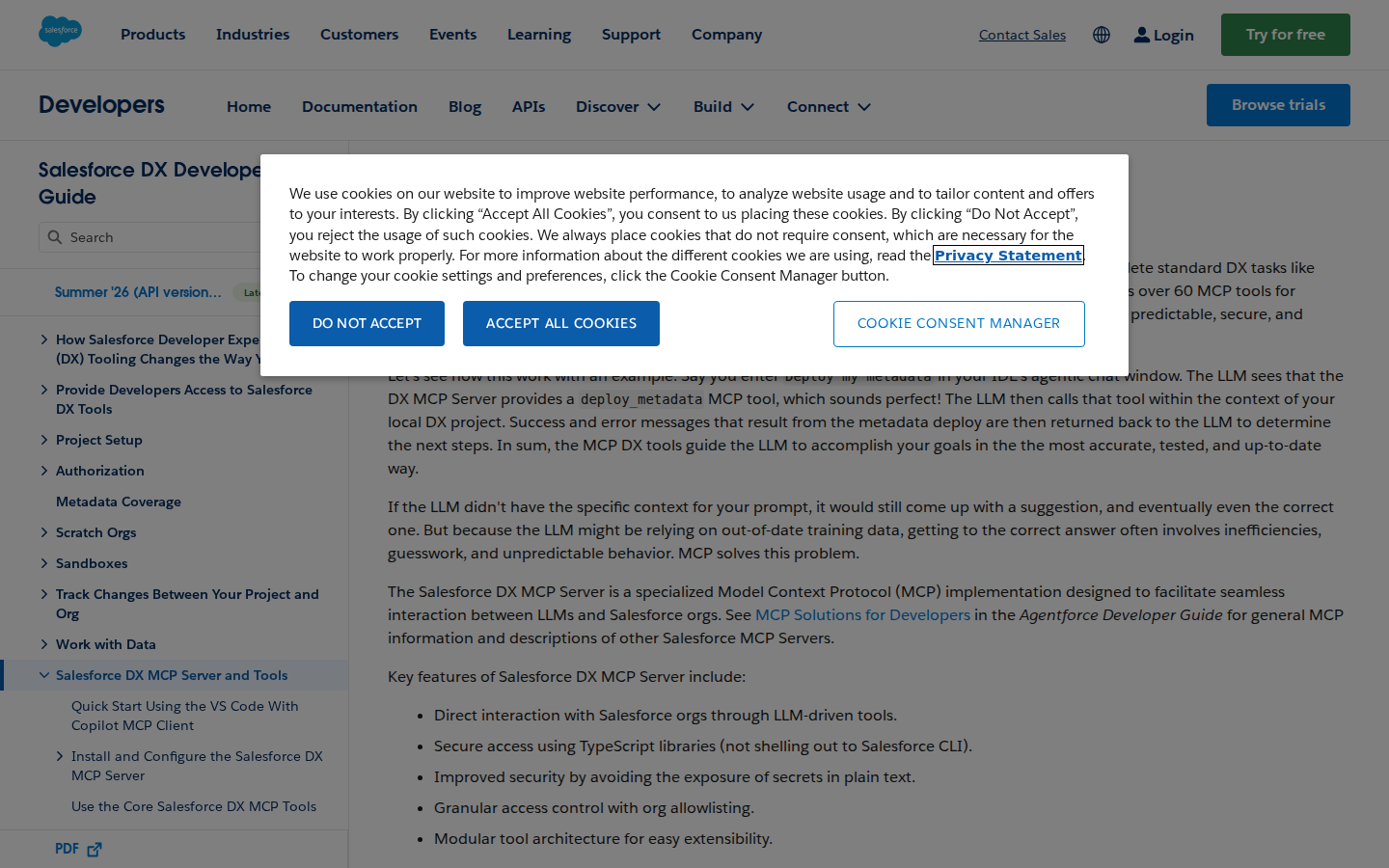 Salesforce DX MCP Server — official documentation showing toolsets, configuration flags, and setup for VS Code, Claude, Cursor, and more