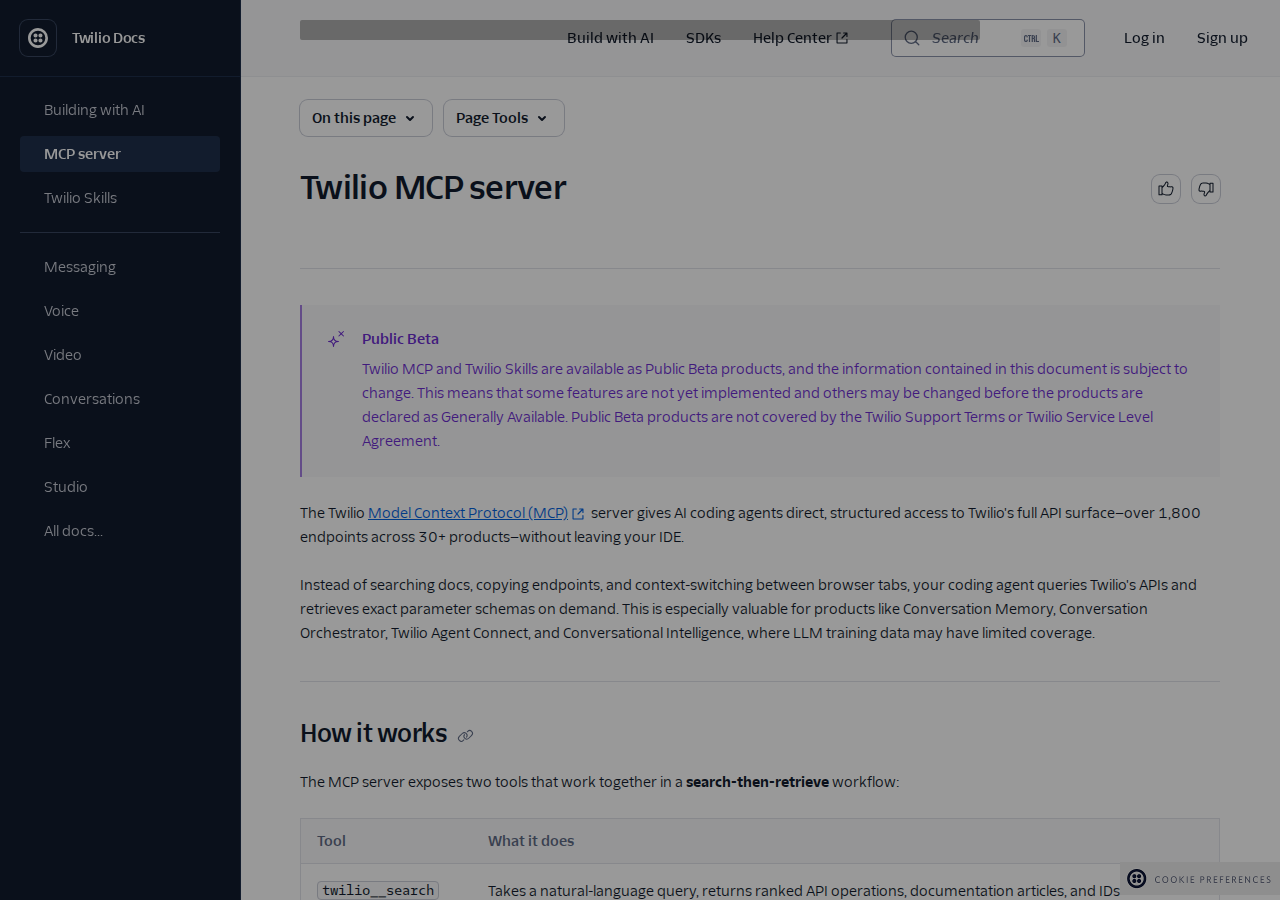 Twilio MCP server docs — indexes Segment documentation