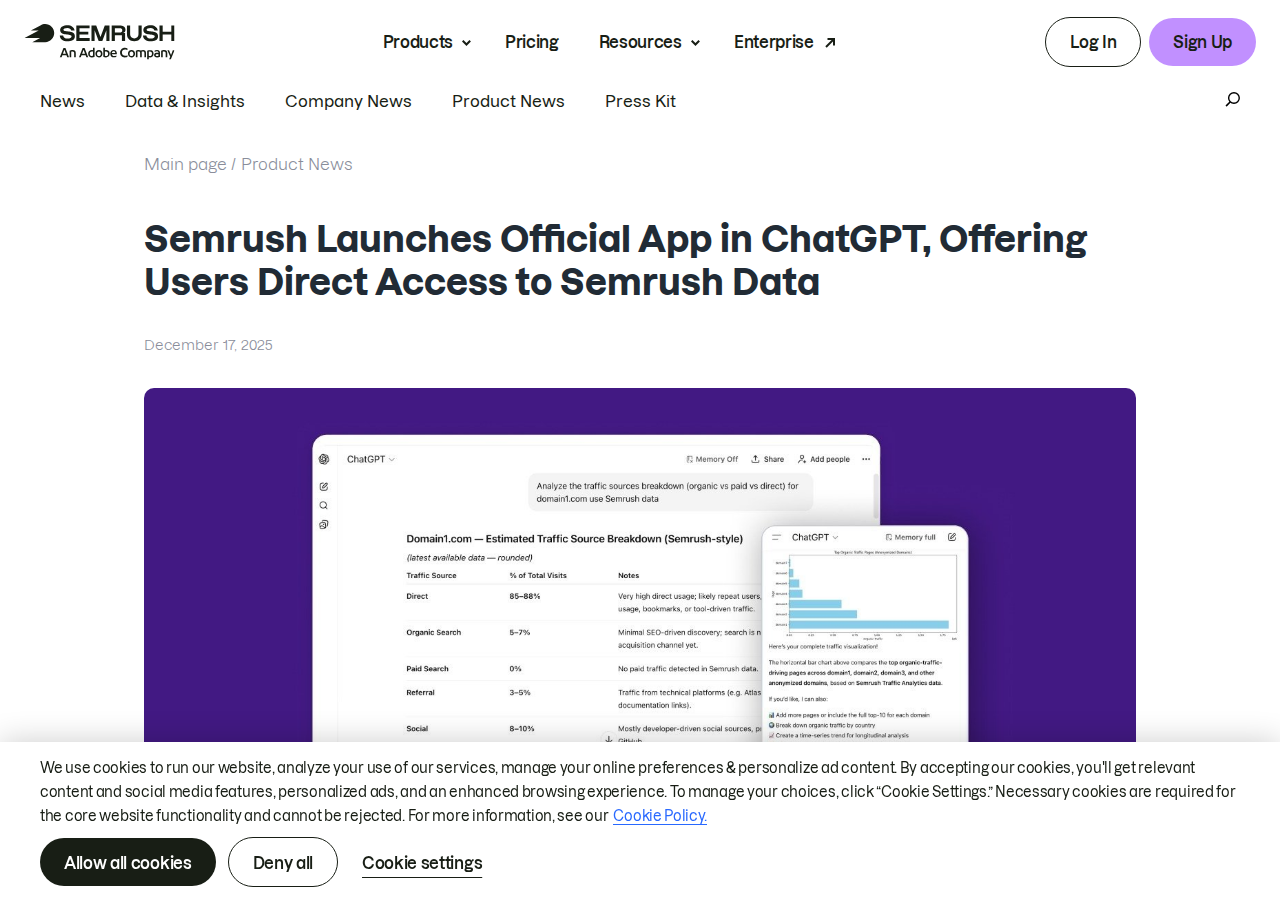 SEMrush ChatGPT official announcement — December 2025