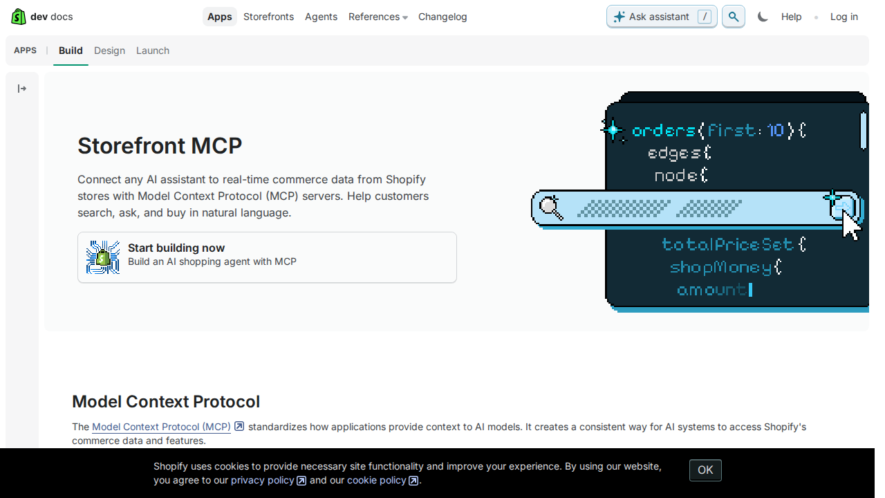 Shopify's Storefront MCP developer documentation — official endpoint at /api/mcp on every store, no setup required