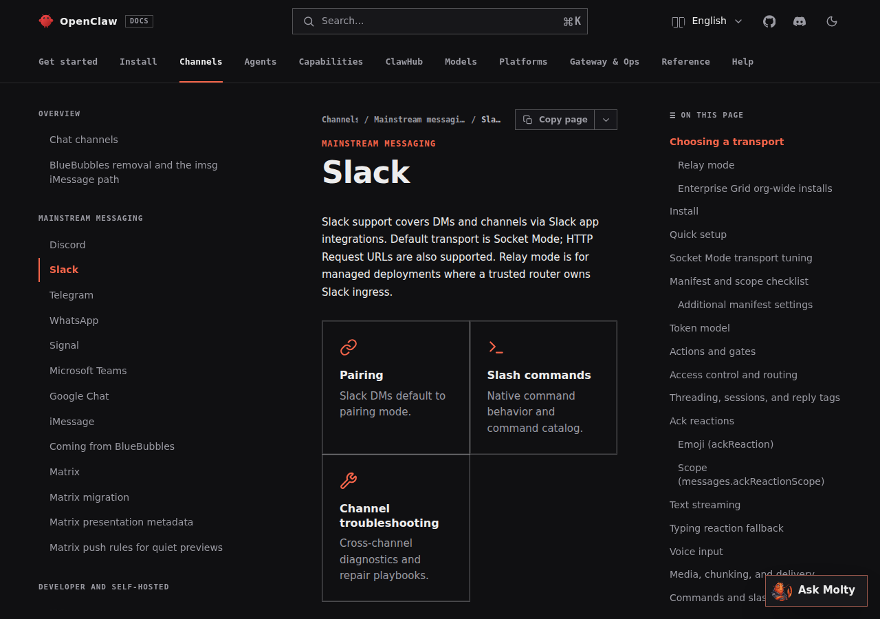 OpenClaw Slack configuration documentation — Socket Mode vs HTTP Request URLs